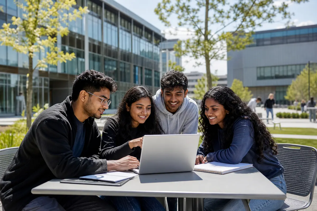 Students collaborating around a laptop on a modern technology-focused campus