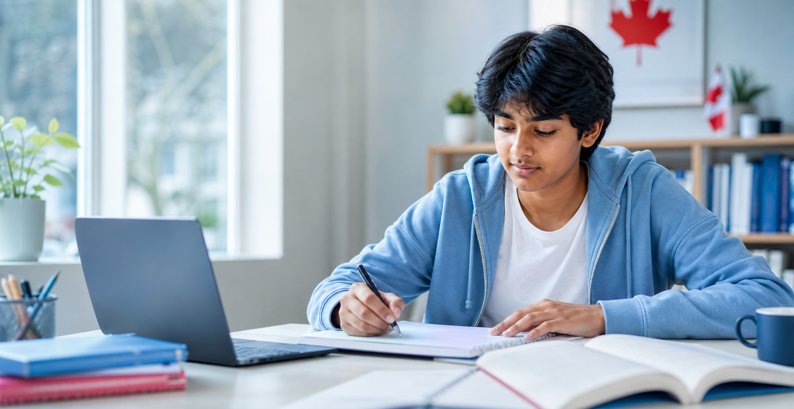 South Asian secondary-school student completing coursework at a desk